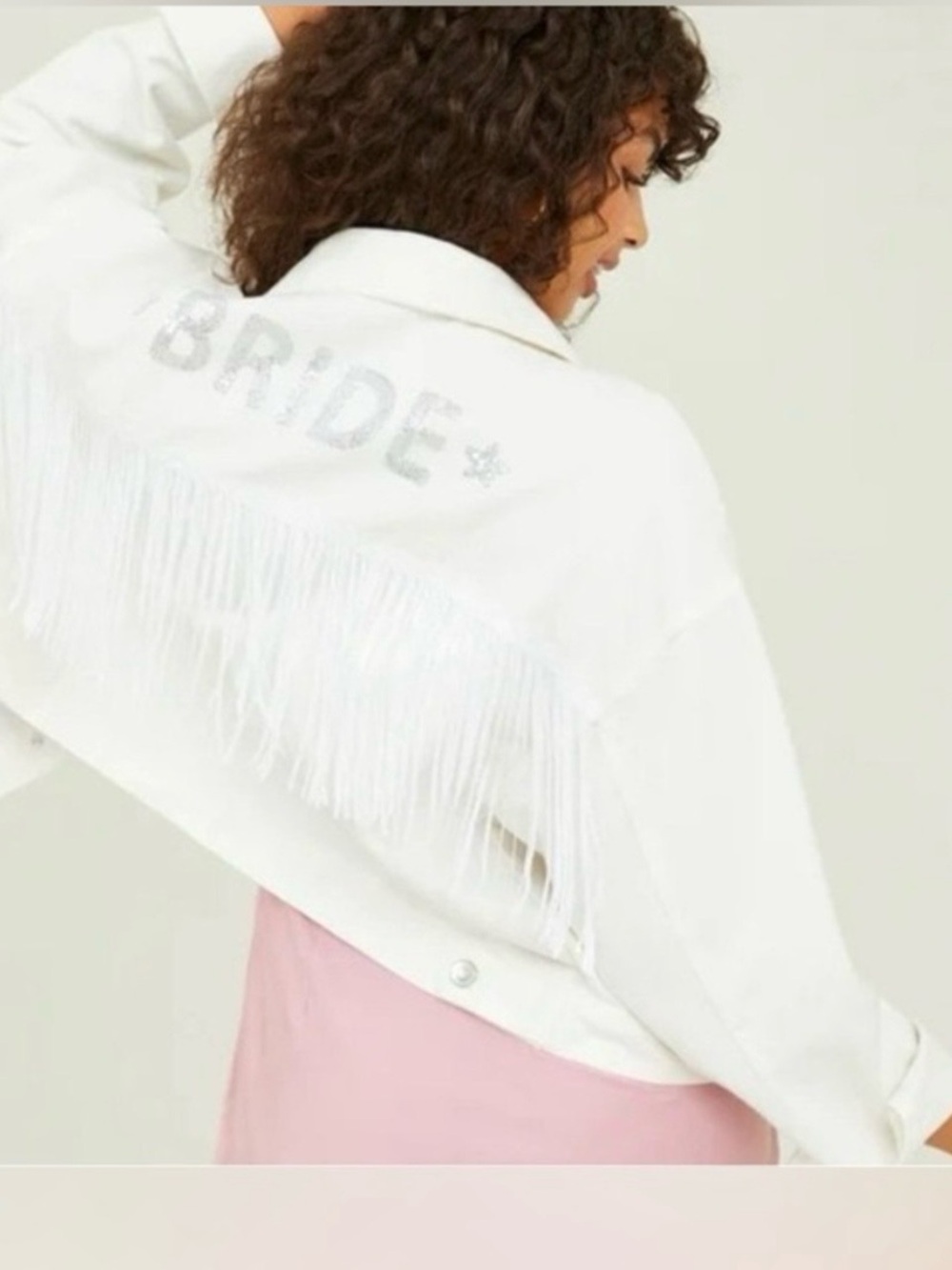 Altar'd State Cream Knit light bridal  Jean jacket  with fringe